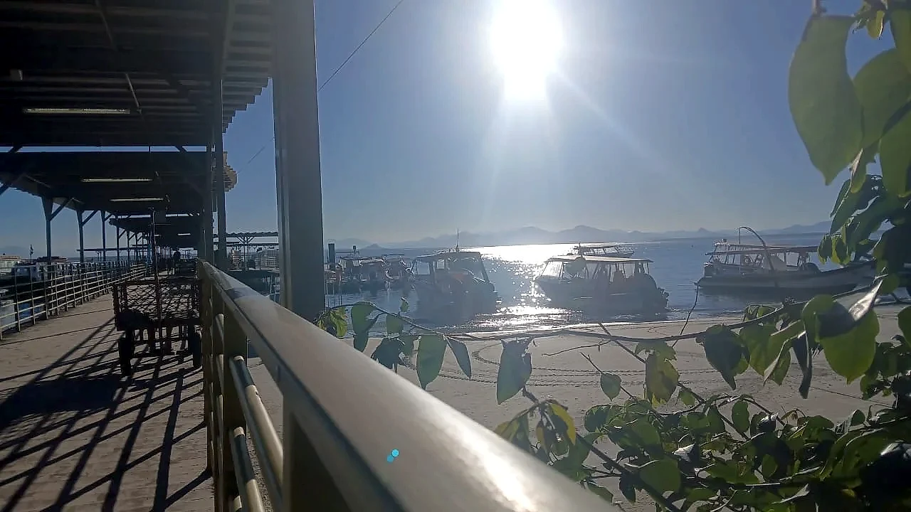 Trapiche coberto à beira-mar, com barcos ancorados sobre águas calmas e vegetação em primeiro plano. A luz intensa do sol cria reflexos prateados no mar e sombras marcadas na passarela.