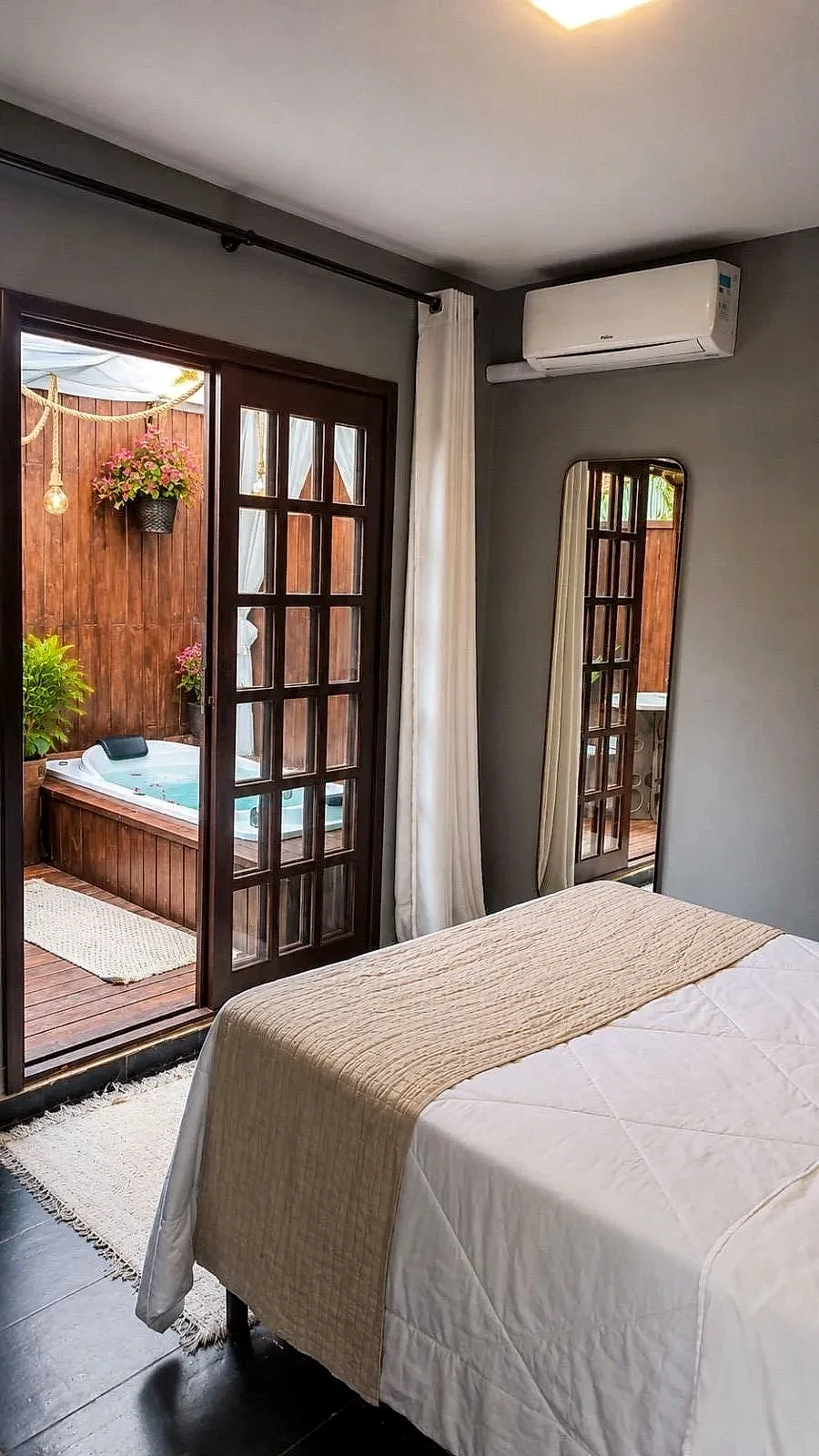 Quarto de hospedagem com cama, ar-condicionado e porta de vidro aberta para uma área externa de madeira com banheira de hidromassagem e plantas. A luz natural suave ilumina o ambiente, criando uma atmosfera acolhedora e reservada.