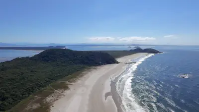 Vista aérea de uma praia extensa, com faixa de areia clara, mar azul e vegetação rasteira que avança até a mata. Uma trilha corta o terreno em direção à costa, sob luz solar intensa e céu limpo.