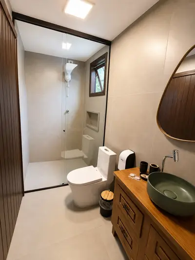 Banheiro compacto e bem iluminado, com box de vidro, revestimentos claros e bancada de madeira com cuba verde. A luz interna uniforme e a janela aberta criam um ambiente moderno e acolhedor.