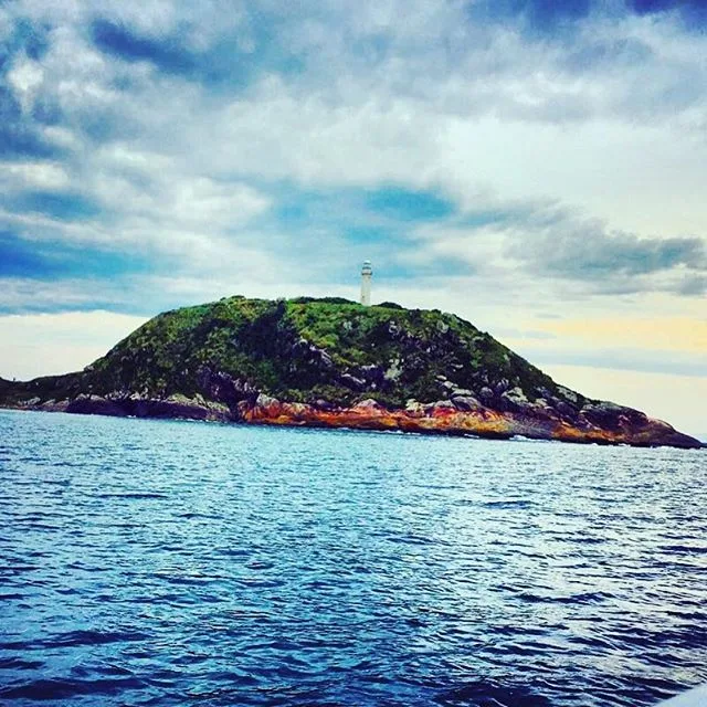 Ilha rochosa coberta por mata, com um farol no topo e o mar em primeiro plano. A luz suave atravessa o céu nublado, destacando os tons azulados da água e as pedras da costa.