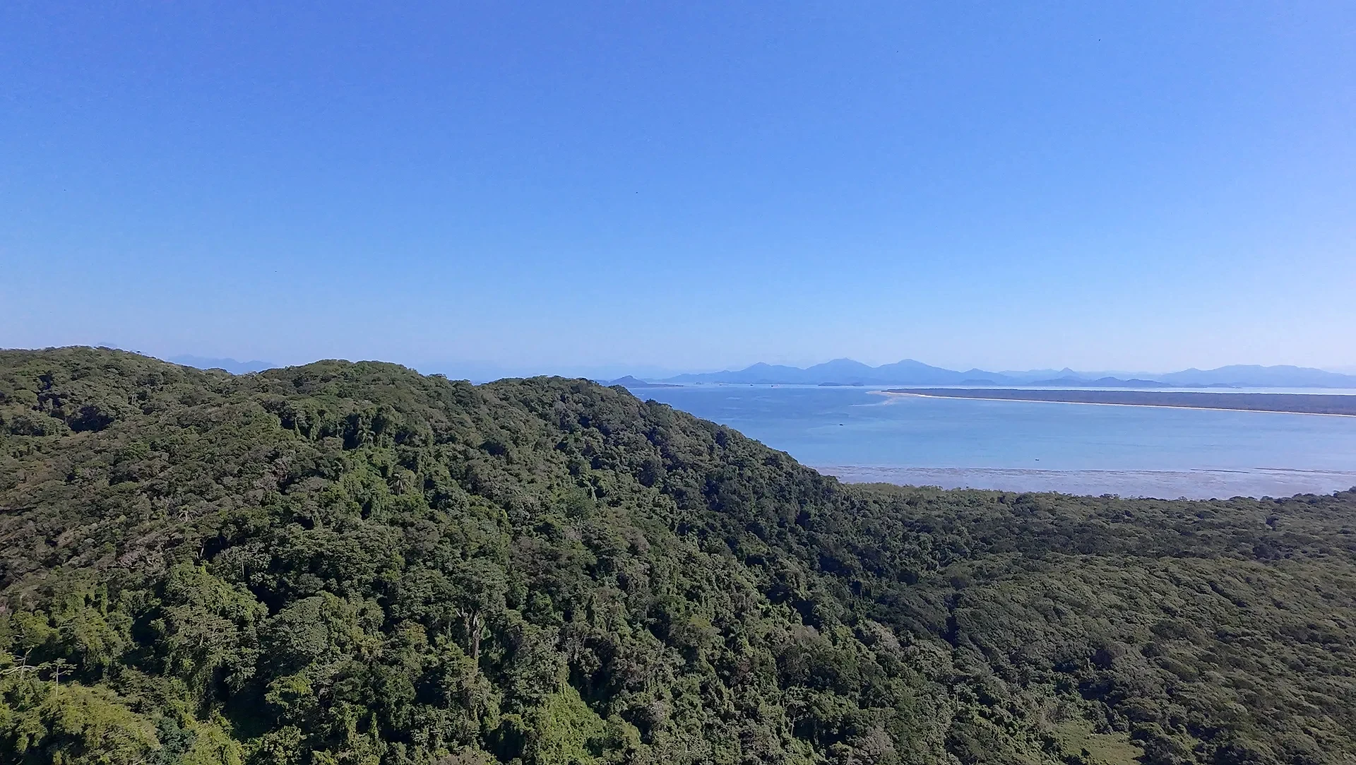 Vista aérea de uma praia extensa, com faixa de areia clara, mar azul e vegetação rasteira que avança até a mata. Uma trilha corta o terreno em direção à costa, sob luz solar intensa e céu limpo.